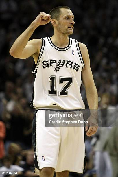 Brent Barry of the San Antonio Spurs reacts in the second half while taking on the Los Angeles Lakers in Game Three of the Western Conference Finals...