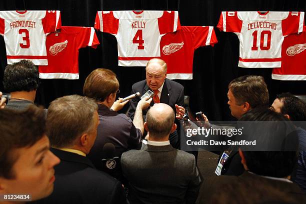 Red Kelly speaks to the media during Salute to Stanley Cup Legends at the Renaissance Center, as the NHL honors members of the Detroit Red Wings...