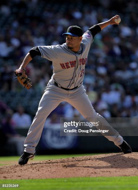 Relief pitcher Pedro Feliciano of the New York Mets works against the Colorado Rockies in the ninth inning at Coors Field on May 24, 2008 in Denver,...