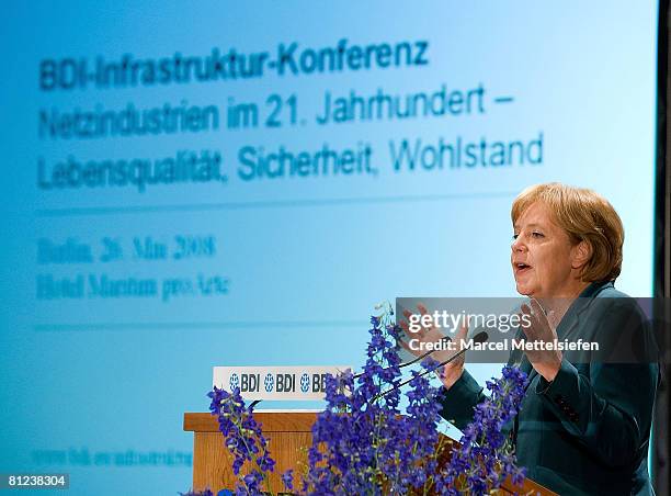 German Chancellor Angela Merkel speaks during a conference of the Federation of German Industries on May 26, 2008 in Berlin. The Federation of German...