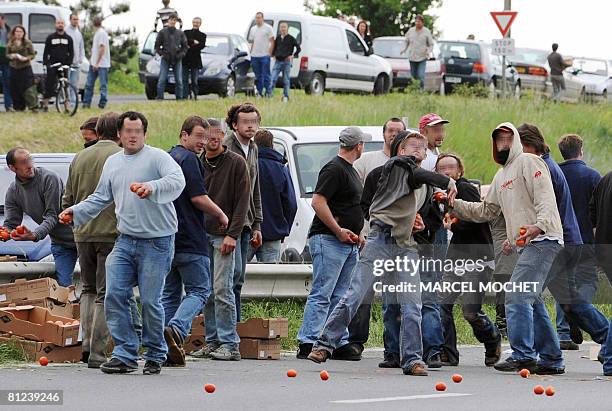French fishermen and farmers throw tomatoes to riot police clearing a national road whose access is blocked by fishermen protesting against high fuel...