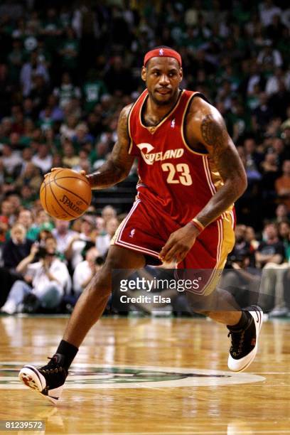 LeBron James of the Cleveland Cavaliers handles the ball against the Boston Celtics during Game Five of the Eastern Conference Semifinals during the...