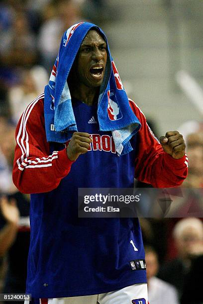 Chauncey Billups of the Detroit Pistons reacts to a play from the bench against the Boston Celtics during Game Four of the Eastern Conference finals...