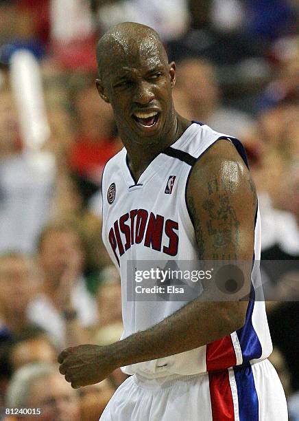 Chauncey Billups of the Detroit Pistons reacts to a call against the Boston Celtics during Game Four of the Eastern Conference finals during the 2008...