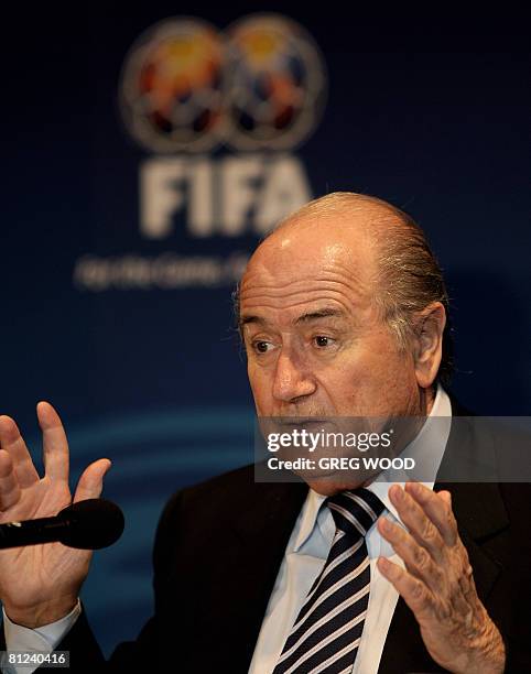 President Sepp Blatter speaks at a FIFA Executive Committee press conference in Sydney on May 27, 2008. Blatter said Iraq must back down from its...