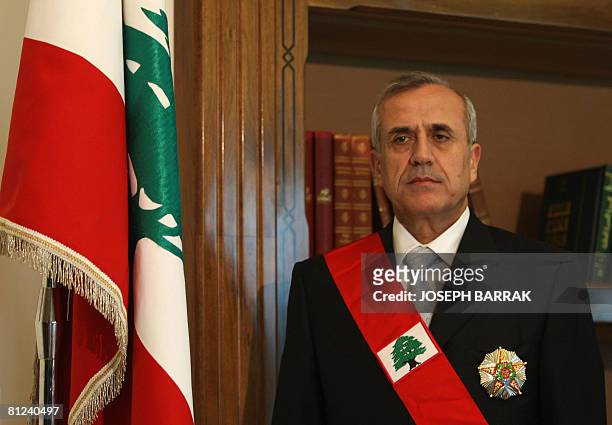 Newly elected Lebanese President Michel Sleiman poses at the Presidential Palace in Baabda, southeast of Beirut, on May 26, 2008. Sleiman prepared to...