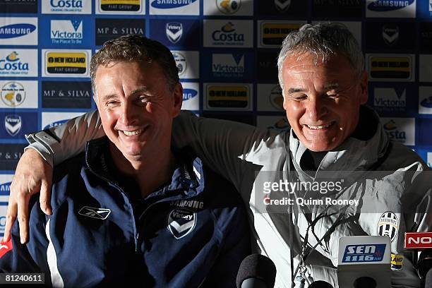 Ernie Merrick the coach of Melbourne Victory and Claudio Ranieri the Juventus coach share a laugh during a Juventus press conference held at MC...