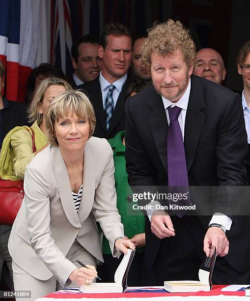 Sebastian Faulks poses with2 Ian Fleming's neice Lucy Fleming as he launches 'Devil May Care', the latest in the series of James Bond novels, outside...