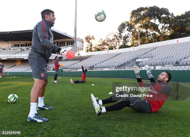 Arsenal Goalkeeping coach Sal Bibbo and Emiliano Martinez of Arsenal during the Arsenal Training Session at Koragah Oval on July 11, 2017 in Sydney,...