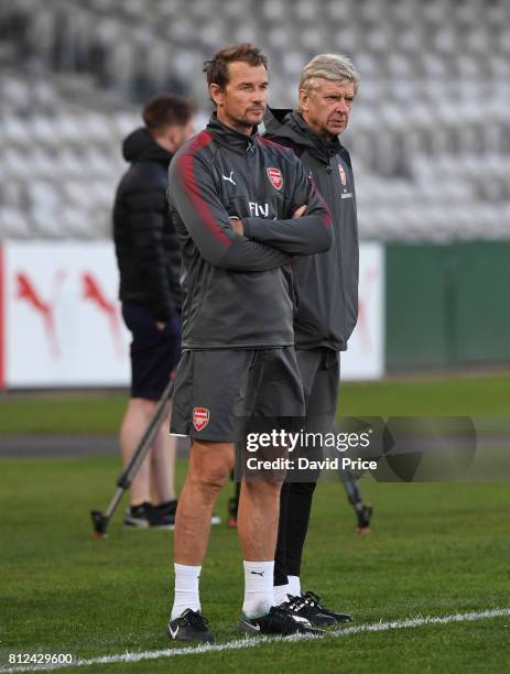 Arsene Wenger the Arsenal Manager with Coach Jens Lehmann during the Arsenal Training Session at Koragah Oval on July 11, 2017 in Sydney, Australia.