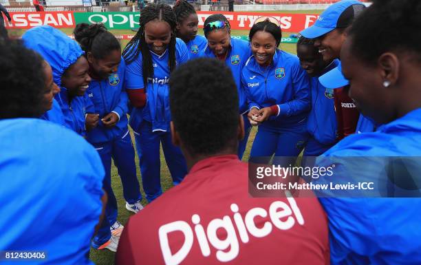 West Indies players warm up ahead of the ICC Women's World Cup 2017 match between West Indies and Pakistan at Grace Road on July 11, 2017 in...