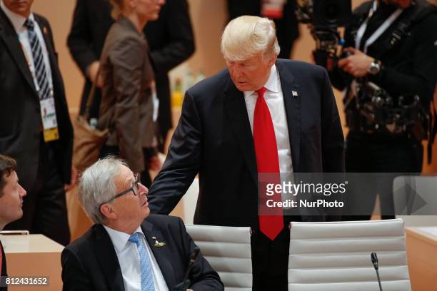 President of the United States Donald Trump is seen greeting European Commission president Jean-Claude Juncker ahead of the thrid plenary session of...