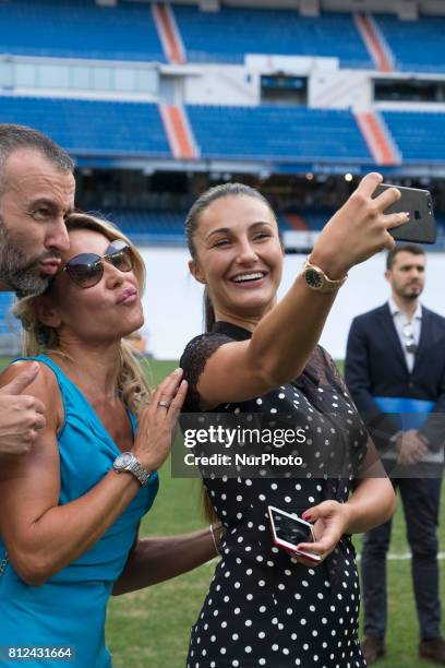 Adriana Pozueco attends the presentation of Theo Hernandez of Real Madrid his official presentation at Santiago Bernabeu Stadium on July 10, 2017 in...