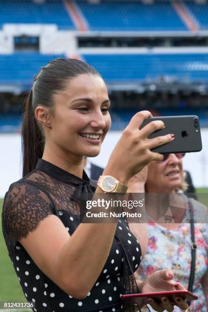 Adriana Pozueco attends the presentation of Theo Hernandez of Real Madrid his official presentation at Santiago Bernabeu Stadium on July 10, 2017 in...