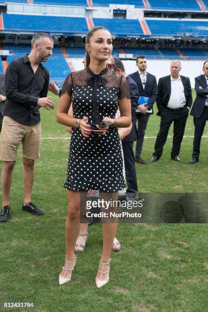 Adriana Pozueco attends the presentation of Theo Hernandez of Real Madrid his official presentation at Santiago Bernabeu Stadium on July 10, 2017 in...