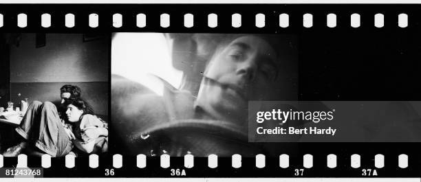 Part of a contact sheet depicting a couple in a basement in the Elephant and Castle, South London along with a self-portrait of photographer Bert...