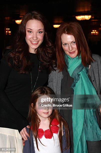 Actress Julianne Moore and daughter Liv Helen Freundlich pose with Sierra Boggess backstage at "The Little Mermaid" on Broadway at The Lunt Fontanne...