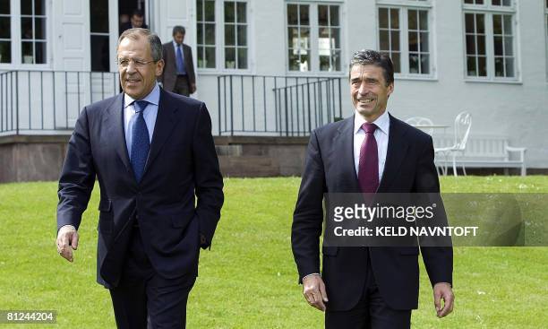 Russia's Foreign minister Sergej Lavrov and Denmark's prime minister and Anders Fogh Rasmussen meet the media on May 27, 2008 at the prime minister's...