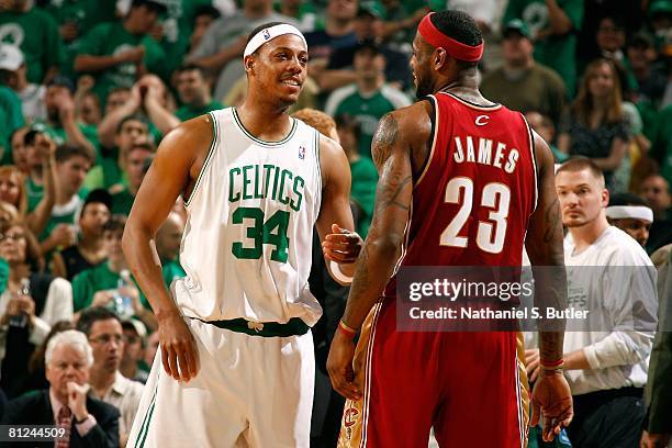 Paul Pierce of the Boston Celtics talks to LeBron James of the Cleveland Cavaliers in Game Seven of the Eastern Conference Semifinals during the 2008...