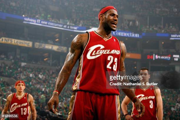 LeBron James of the Cleveland Cavaliers reacts to a call in Game Seven of the Eastern Conference Semifinals against the Boston Celtics during the...