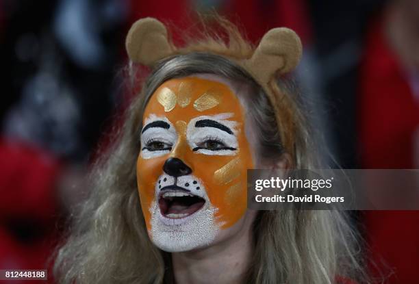 Lions fans look on during the Test match between the New Zealand All Blacks and the British & Irish Lions at Eden Park on July 8, 2017 in Auckland,...