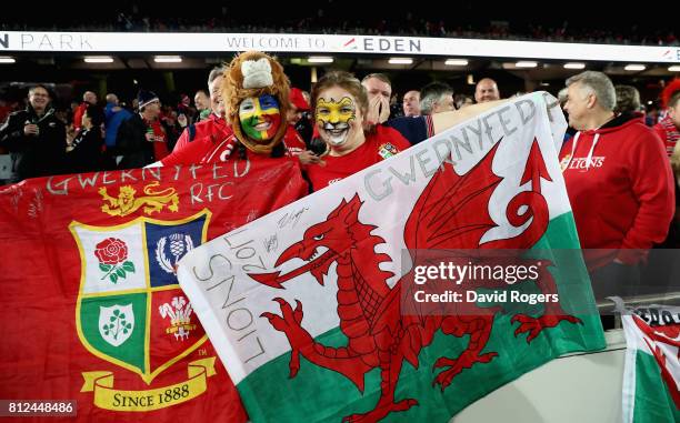 Lions fans look on during the Test match between the New Zealand All Blacks and the British & Irish Lions at Eden Park on July 8, 2017 in Auckland,...