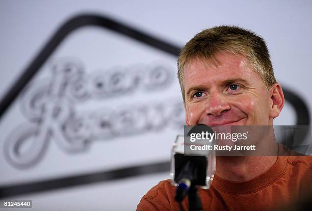 Jeff Burton, driver of the AT&T Wireless Chevrolet speaks with the media during NASCAR Sprint Cup testing at Pocono Raceway on May 27, 2008 in Long...