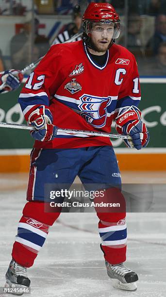 Chris Bruton of the Spokane Chiefs skates against the Kitchener Rangers in the Memorial Cup Championship game on May 25, 2008 at the Kitchener...