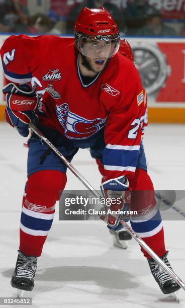 Jared Cowen of the Spokane Chiefs waits for a faceoff against the Kitchener Rangers in the Memorial Cup Championship game on May 25, 2008 at the...