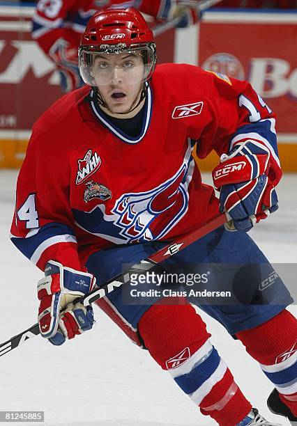Mitch Wahl of the Spokane Chiefs skates against the Kitchener Rangers in the Memorial Cup Championship game on May 25, 2008 at the Kitchener Memorial...