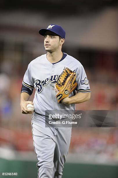 Ryan Braun of the Milwaukee Brewers runs in from the outfield during the game against the Washington Nationals May 23, 2008 at Nationals Park in...