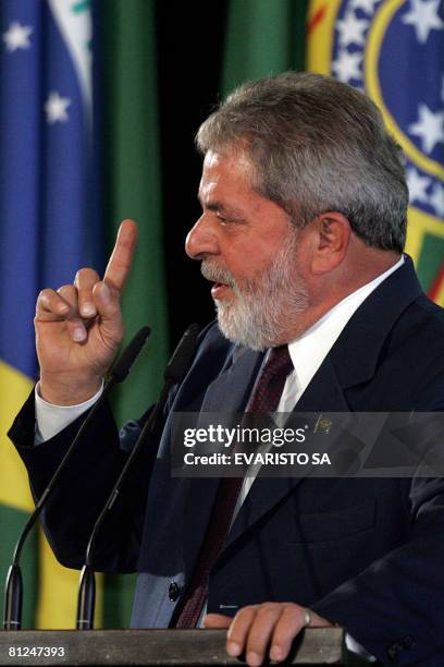 Brazilian President Luiz Inacio Lula Da Silva delivers a speech after the inauguration ceremony of the new Minister of Environment Carlos Minc at...