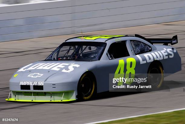 Jimmie Johnson, driver of the Lowes Chevrolet drives during NASCAR Sprint Cup testing at Pocono Raceway on May 27, 2008 in Long Pond, Pennsylvania.