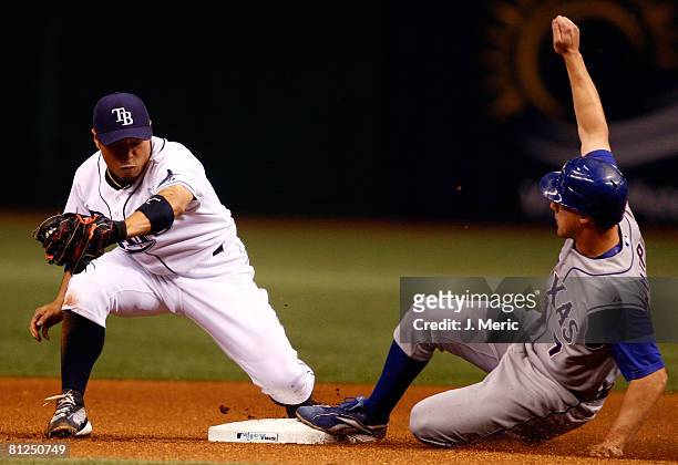 Second baseman Akinori Iwamura of the Tampa Bay Rays takes the throw to second as outfielder David Murphy of the Texas Rangers slides in safely with...