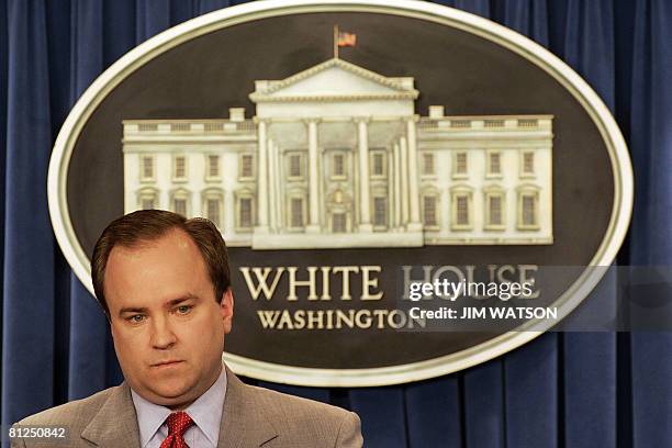 This April 18, 2007 file photo shows then White House spokesman Scott McClellan during a press breifing at the White House in Washington, DC, one day...