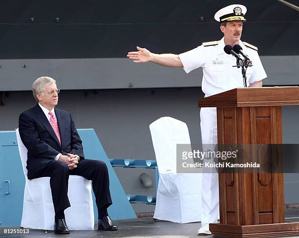 Ambassador to Japan Thomas Scheiffer and U.S. Navy Rear Admiral Richard Wren attend the USS Kitty Hawk Departure Ceremony at US Navy Yokosuka Base on...