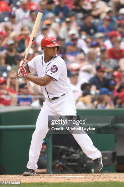 Joe Ross of the Washington Nationals prepares for a pitch during a baseball game against the New York Mets at Nationals Park on July 4, 2017 in...
