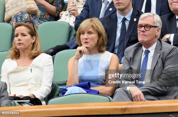 Darcey Bussell, Fiona Bruce and Nigel Sharrocks attend day eight of the Wimbledon Tennis Championships at the All England Lawn Tennis and Croquet...