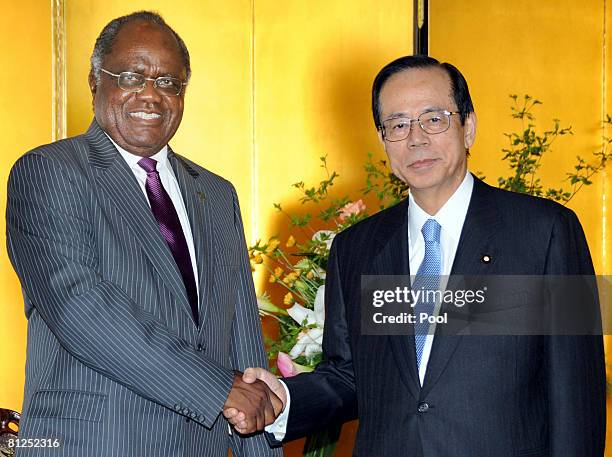 Namibian President Hifikepunye Pohamb shakes hands with Japanese Prime Minister Yasuo Fukuda in a bilateral meeting during the 4th Tokyo...