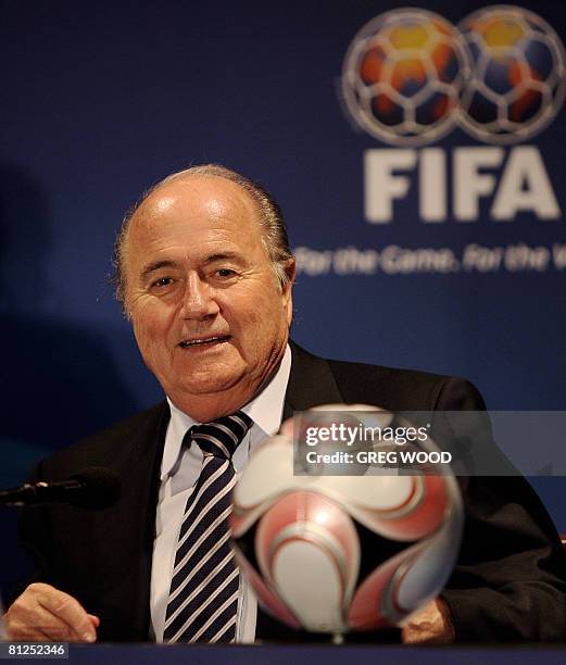 President Sepp Blatter speaks at a FIFA Executive Committee press conference in Sydney on May 27, 2008. Blatter said Iraq must back down from its...