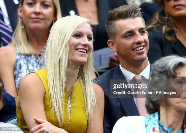 Max Whitlock and his new wife Leah Hickton on day eight of the Wimbledon Championships at The All England Lawn Tennis and Croquet Club, Wimbledon.
