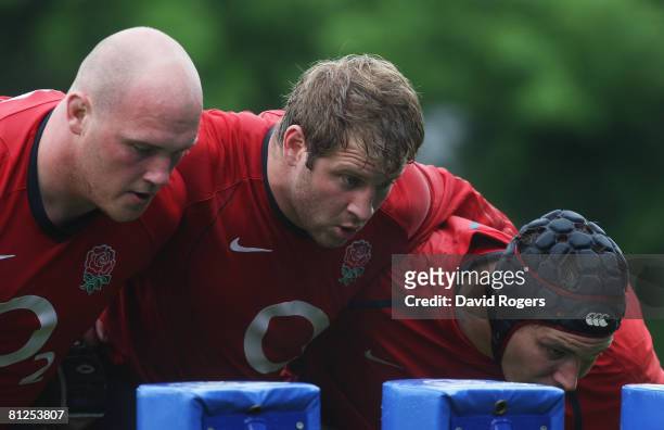The England front row of Jason Hobson, David Paice and Nick Lloyd pictured during an England training session at Bath University on May 28, 2008 in...