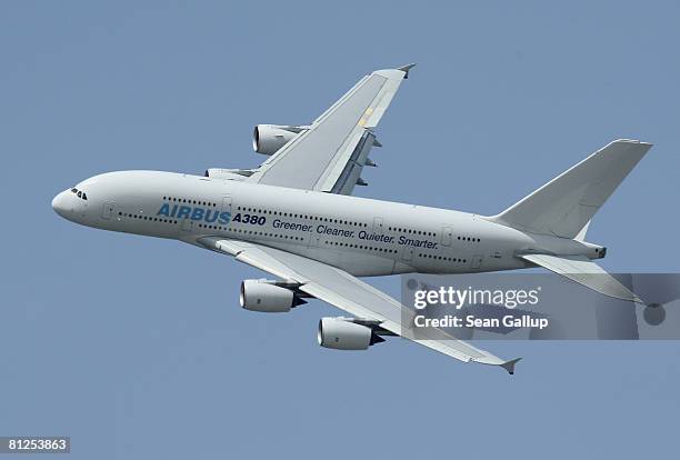 An Airbus A380 flies during a demonstration at the ILA Berlin Air Show om May 28, 2008 in Berlin, Germany. The ILA will run until June 1.