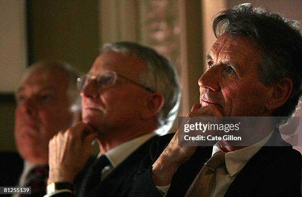 Rt Hon Lord Patten of Barnes, Chancellor of Oxford University, Vice Chancellor of Oxford University Dr John Wood and actor Michael Palin watch a film...