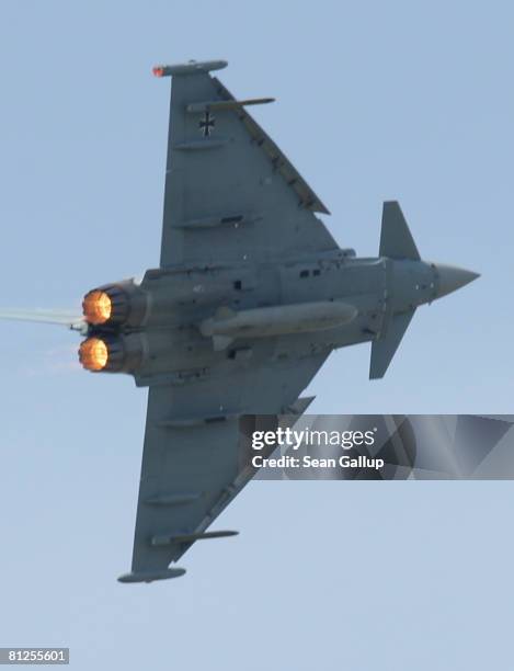 Eurofighter Typhoon fighter jet flies during a demonstration at the ILA Berlin Air Show om May 28, 2008 in Berlin, Germany. The ILA will run until...