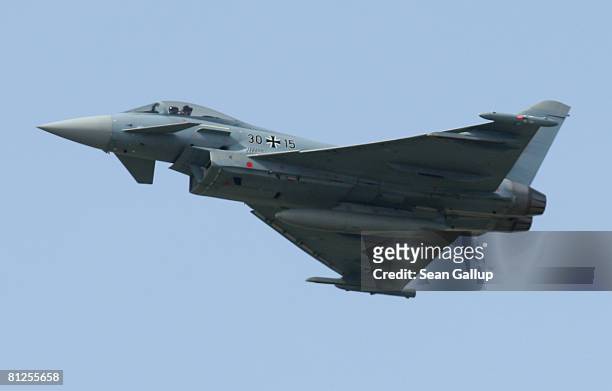 Eurofighter Typhoon fighter jet flies during a demonstration at the ILA Berlin Air Show om May 28, 2008 in Berlin, Germany. The ILA will run until...