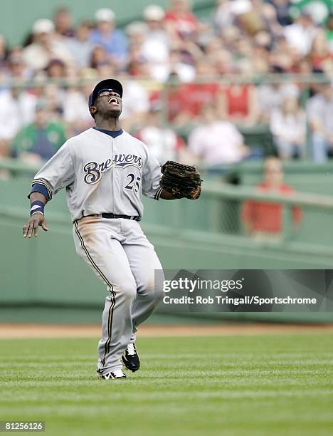 Mike Cameron of the Milwaukee Brewers plays his position against the Boston Red Sox on May 18, 2008 at Fenway Park in Boston, Massachusetts. The Red...