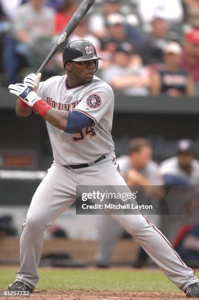 Elijah Dukes. #34 of the Washington Nationals bats during a baseball game against the Baltimore Orioles on May 18, 2008 at Camden Yards in Baltimore,...