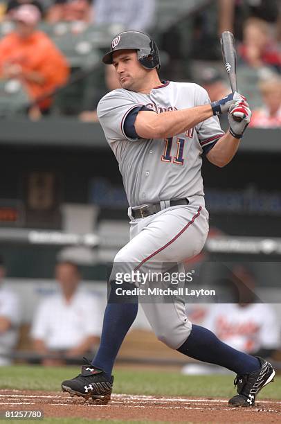 Ryan ZImmerman. #11 of the Washington Nationals bats during a baseball game against the Baltimore Orioles on May 18, 2008 at Camden Yards in...