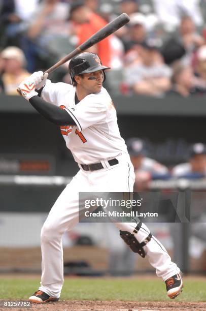 Brian Roberts.#1 of the Baltimore Orioles bats during a baseball game against the Washington Nationals on May 18, 2008 at Camden Yards in Baltimore,...